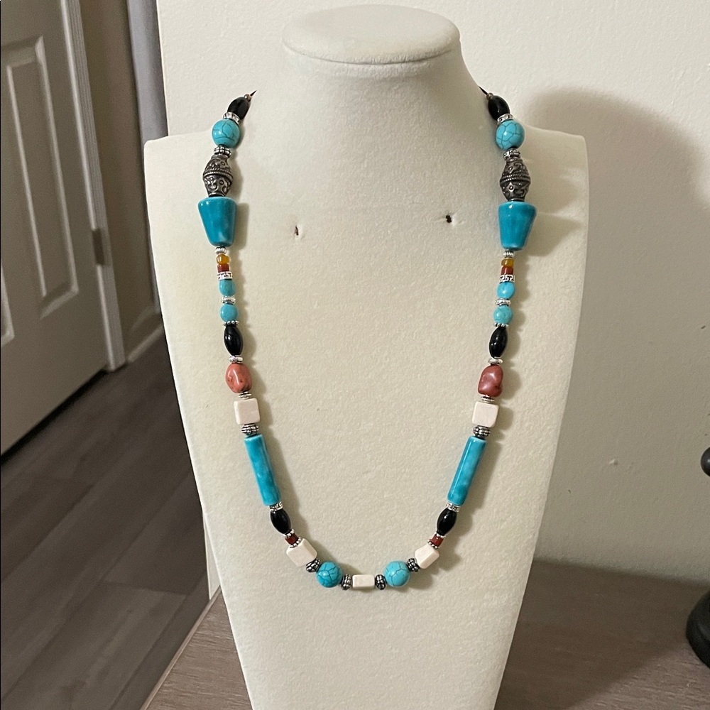 Artisan Turquoise and Black Stone and Glass Beaded Necklace
